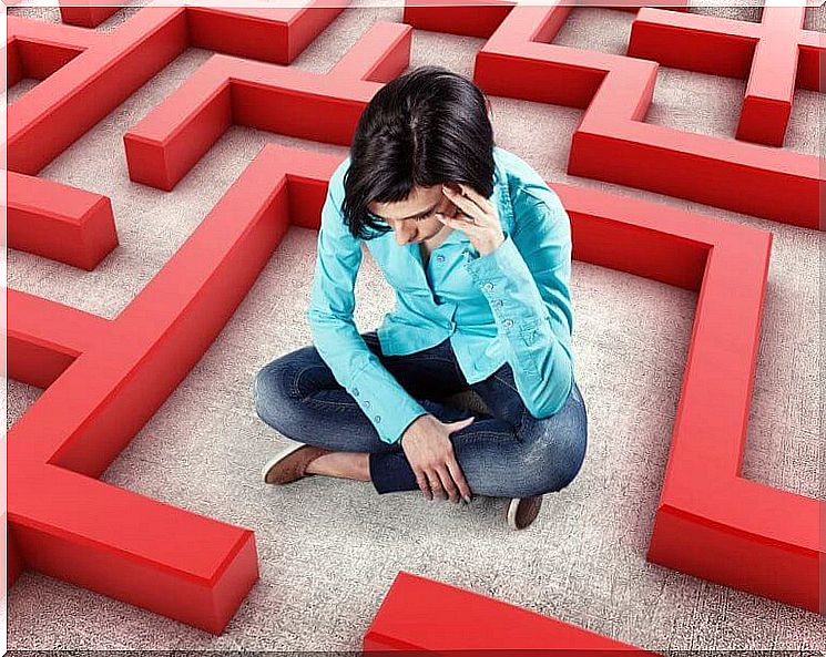 Woman in red maze representing pathological anxiety