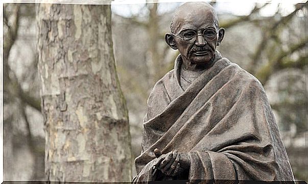 Gandhi statue depicting his theories on social sins