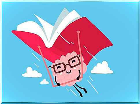 Brain flying with a book to represent the effect of reading on the brain